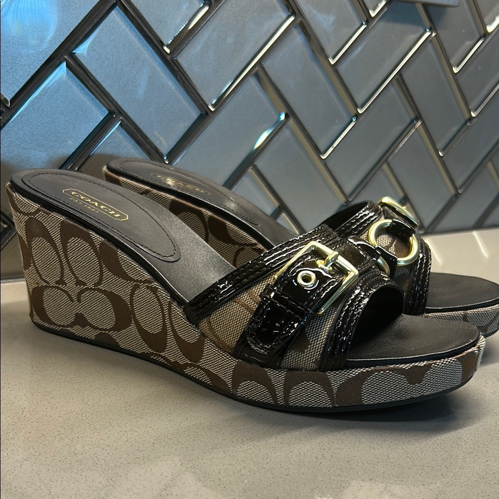 Coach Black and Brown Wedge Sandals with Glossy Strap